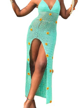 Women Crochet Knitted Sleeveless Spaghetti Strap High Split Summer Beach 3D Flower Patchwork Vestido InsStreet