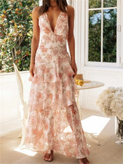 Women Floral Print Sleeveless Deep V Neck Tiered Ruffles Hem Spring Summer Backless Beach Vestidos InsStreet