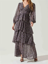 Women High Split Floral Print Puff Sleeve V Neck Layered Ruffles Hem Spring Fall Vestidos InsStreet