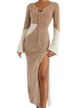 Women Knitted Contrast Color Tie-Up V-Neck Sleeve Side High Split Slim Fall Spring Vestido InsStreet