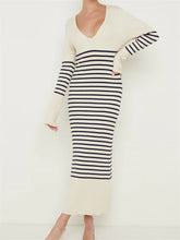 Women Knitted Sleeve Deep V Neck Striped Slim Fit Spring Autumn Female Vestidos Streetwear InsStreet