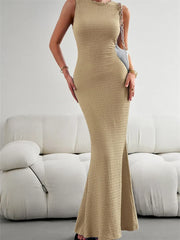 Women Knitted Sleeveless Round Neck Solid Color Slim Fit Ruched Tank Cocktail Party Female Vestidos InsStreet