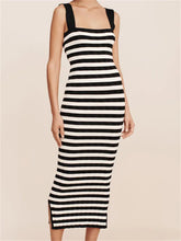 Women Knitted Sleeveless Square Neck Striped Print Beach Tank Side Split Summer Female Vestidos InsStreet