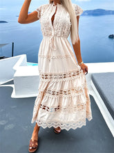 Women Lace Hollow Out Sleeve Front Buttons Up V-Neck Patchwork Loose Party Female Vestidos InsStreet