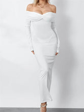 Women Ruched Slash Neck Off-shoulder Sleeve Solid Slim Fit Bodycon Cocktail Party Vestidos InsStreet