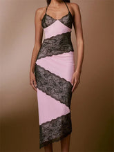 Women Sleeveless Halter Tie-up Backless Lace Patchwork Slim Asymmetrical Hem Cocktail Vestidos InsStreet