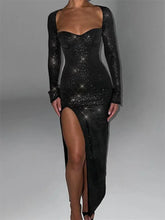 Women Square Neck High Split Sleeve Sparkly Backless Tie Up Cocktail Club Party Female Vestidos InsStreet