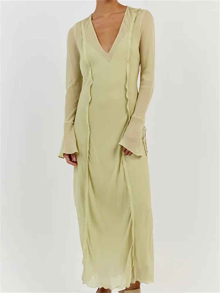 Women Sleeve Loose Casual V Neck Mesh See Through Party Beach Cocktail Club Vestidos Streetwear InsStreet