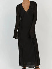 Women Sleeve Loose Casual V Neck Mesh See Through Party Beach Cocktail Club Vestidos Streetwear InsStreet