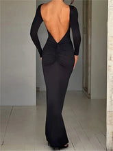 Women Sleeve Solid Color Round Neck Backless Ruched Spring Summer Party Female Vestidos InsStreet