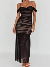 Women Mesh Sheer See Through Low Cut Off Shoulder Strap Backless Ruched Summer Party Vestidos InsStreet