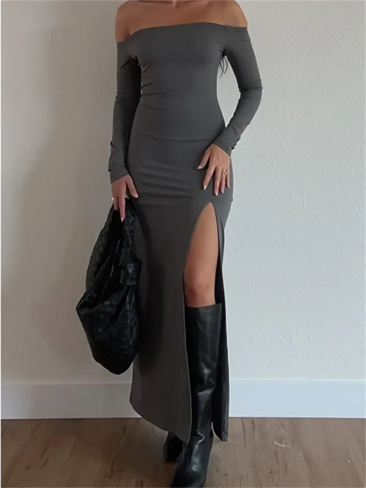 Women Off-Shoulder Solid Color Sleeve Side High Split Slim Fit Party Spring Fall Vestidos InsStreet