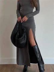Women Off-Shoulder Solid Color Sleeve Side High Split Slim Fit Party Spring Fall Vestidos InsStreet