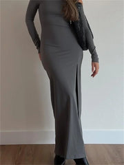 Women Off-Shoulder Solid Color Sleeve Side High Split Slim Fit Party Spring Fall Vestidos InsStreet