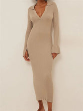 Women Ribbed Knitted Flare Sleeve Lapel Solid Color Bodycon Party Going Out Female Vestido InsStreet