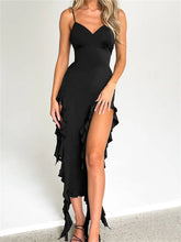 Women Sexy Ruffle Hem Sleeveless Strap Tassels Ruched Bodycon Party V-neck High Split Fairy Vestidos InsStreet