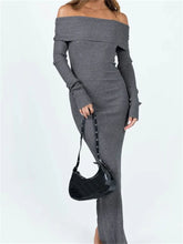 Women Slash Neck Off Shoulder Solid Back Split Hem Casual Sleeve Party Club Vestidos Streetwear InsStreet