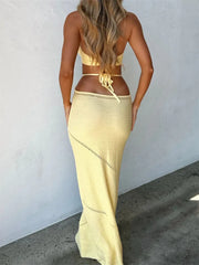 Women Sleeveless Halter Knitted Solid Color Front Cutout Backless Tie-Up Slim Beach Summer Vestidos InsStreet