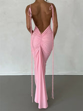 Women Sleeveless Lace-up Strap Sling Summer Backless Ruched Party V-neck Slim Fit Sexy Vestidos InsStreet