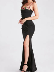 Women Slim Sling High Split Flower Embroidery Sleeveless Spaghetti Strap Summer Party Club Vestidos InsStreet