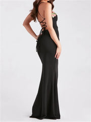 Women Slim Sling High Split Flower Embroidery Sleeveless Spaghetti Strap Summer Party Club Vestidos InsStreet