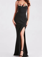 Women Slim Sling High Split Flower Embroidery Sleeveless Spaghetti Strap Summer Party Club Vestidos InsStreet