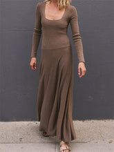 Women Spring Fall Casual Solid Color Square Neck Sleeve Knitted Pleated Fashion Holiday Vestido InsStreet