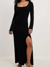 Women Spring Fall Knitted Elegant Sleeve Round Neck Solid High Split Female Vestidos Streetwear InsStreet