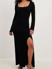 Women Spring Fall Knitted Elegant Sleeve Round Neck Solid High Split Female Vestidos Streetwear InsStreet