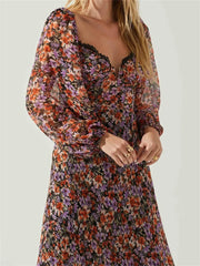 Women Spring Fall Vintage Floral Print V-neck Puff Sleeve Fashion Backless Holiday Vestido InsStreet