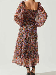 Women Spring Fall Vintage Floral Print V-neck Puff Sleeve Fashion Backless Holiday Vestido InsStreet