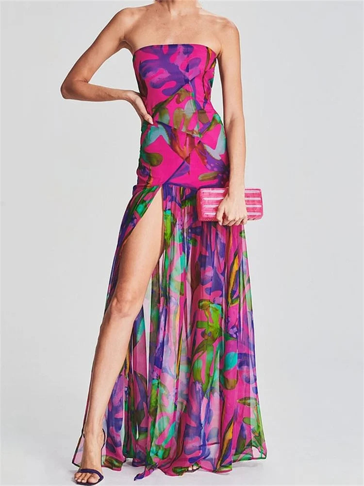 Women Tube Slim Strapless Off Shoulder Mesh Patchwork Leopard Floral Print Split Party Club Vestidos InsStreet