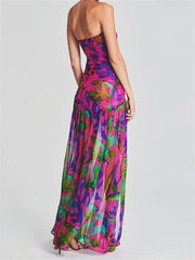 Women Tube Slim Strapless Off Shoulder Mesh Patchwork Leopard Floral Print Split Party Club Vestidos InsStreet