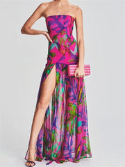 Women Tube Slim Strapless Off Shoulder Mesh Patchwork Leopard Floral Print Split Party Club Vestidos InsStreet