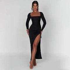 Drawstring Ruched High-split Club-ready Square-necked Long-sleeved Sensual Midi Dress InsStreet