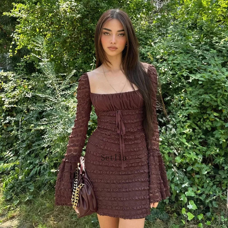 Floral Lace Club Party Rich Brown Flare Sleeve Mini Dress InsStreet