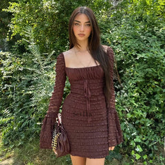 Floral Lace Club Party Rich Brown Flare Sleeve Mini Dress InsStreet
