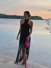 Stylish Fashionable Backless Ruffled Crossed Tasseled Sleeveless Midi Dress InsStreet