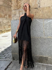 Stylish Fashionable Backless Ruffled Crossed Tasseled Sleeveless Midi Dress InsStreet