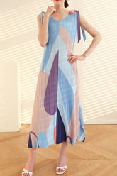 Pleated Tie-Shoulder Print Dress InsStreet