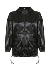 Zip-Front Faux-Leather Hoodie Ins Street
