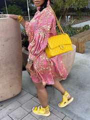 Printed Bishop-Sleeve Shirt Dress Ins Street