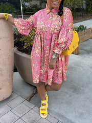 Printed Bishop-Sleeve Shirt Dress Ins Street