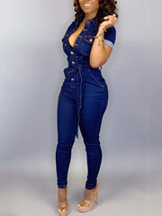 Button-Front Tied Denim Jumpsuit Ins Street