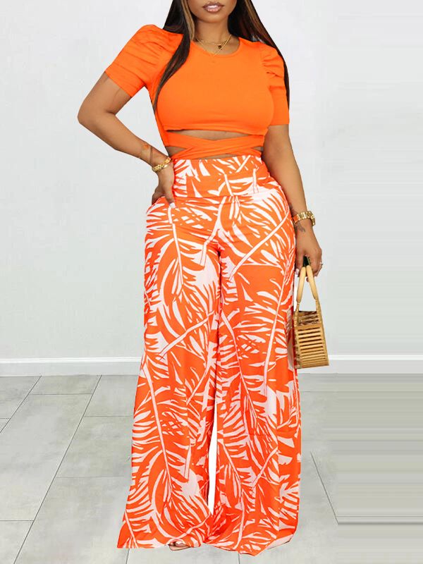 Puff Shoulder T-Shirt & Printed Wide-Leg Pants Set Ins Street