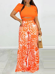 Puff Shoulder T-Shirt & Printed Wide-Leg Pants Set Ins Street