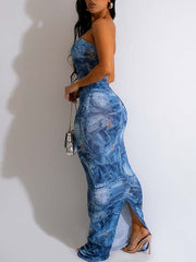 Denim-Print Strapless Dress Ins Street