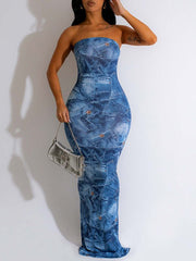 Denim-Print Strapless Dress Ins Street