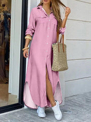 Solid Side-Slit Shirt Dress Ins Street