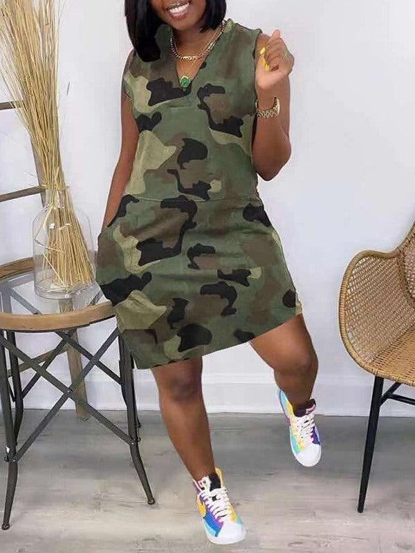 Camo V-Neck Sleeveless Dress Ins Street